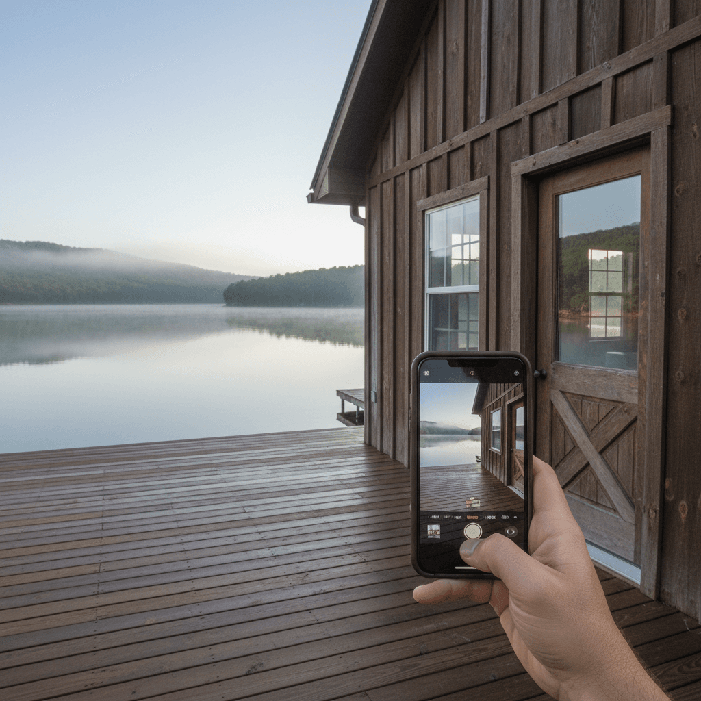 Hand checking a lake house door while holding a smartphone