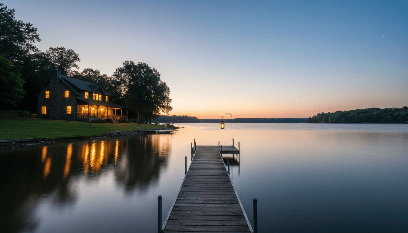Lake house on Lake Cumberland with lights on at dusk