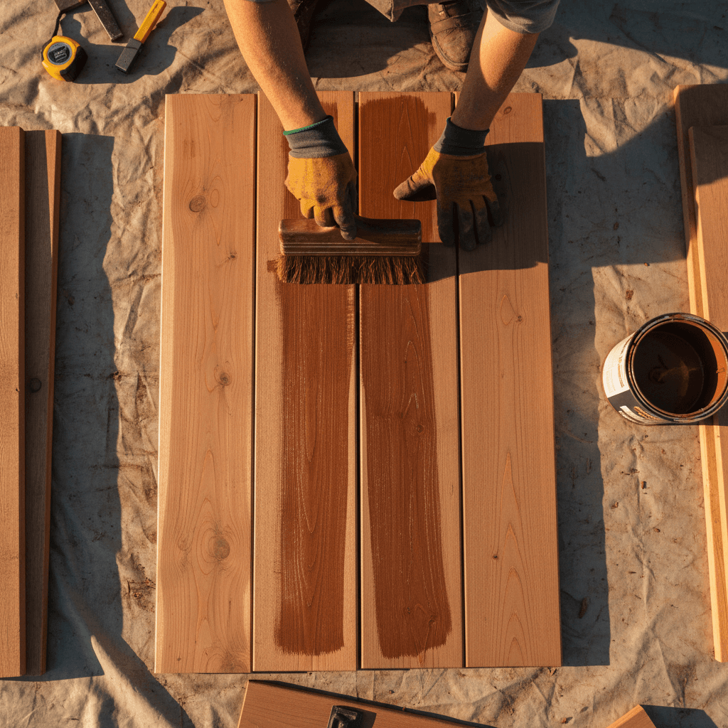 Close-up of a gloved hand inspecting a wooden deck railing on a lakefront home