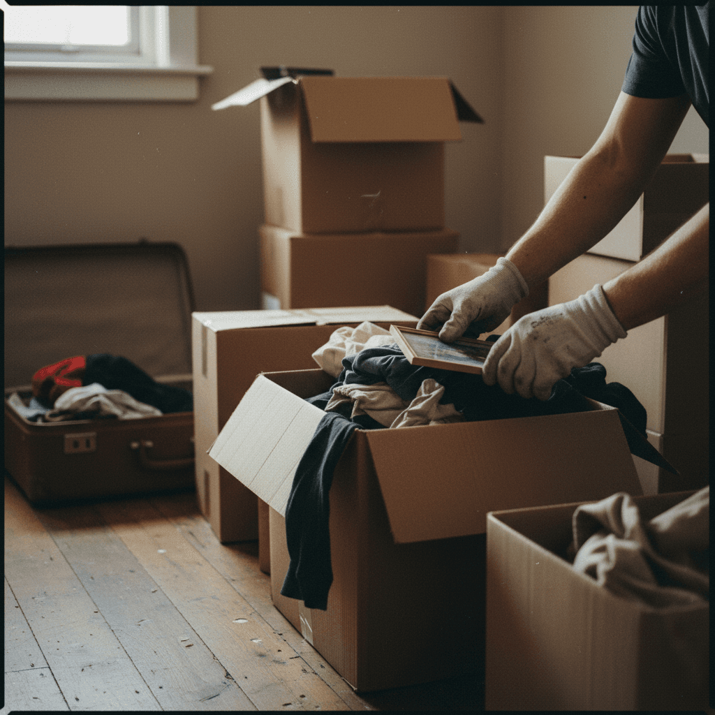 Gloved hands sorting boxes inside a lakeside cottage
