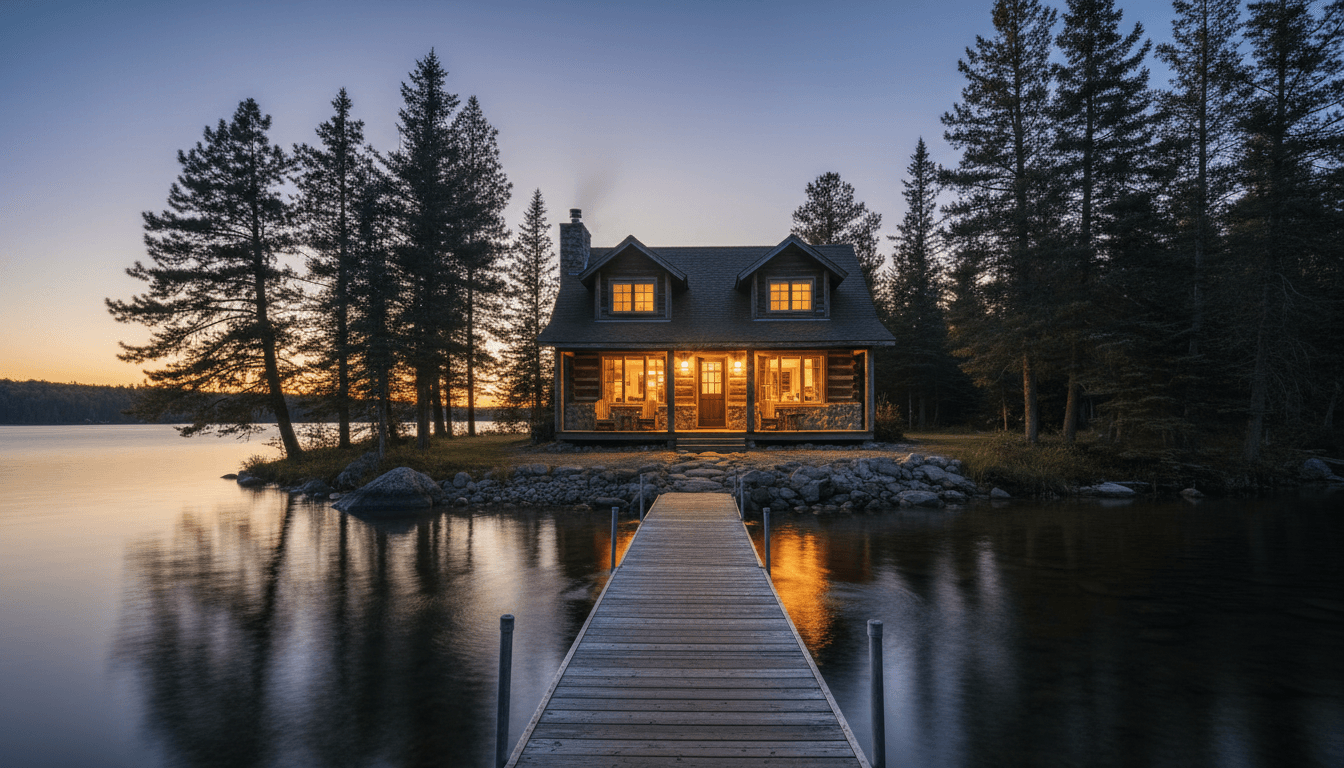 Quiet lake house deck with a lone chair overlooking the water