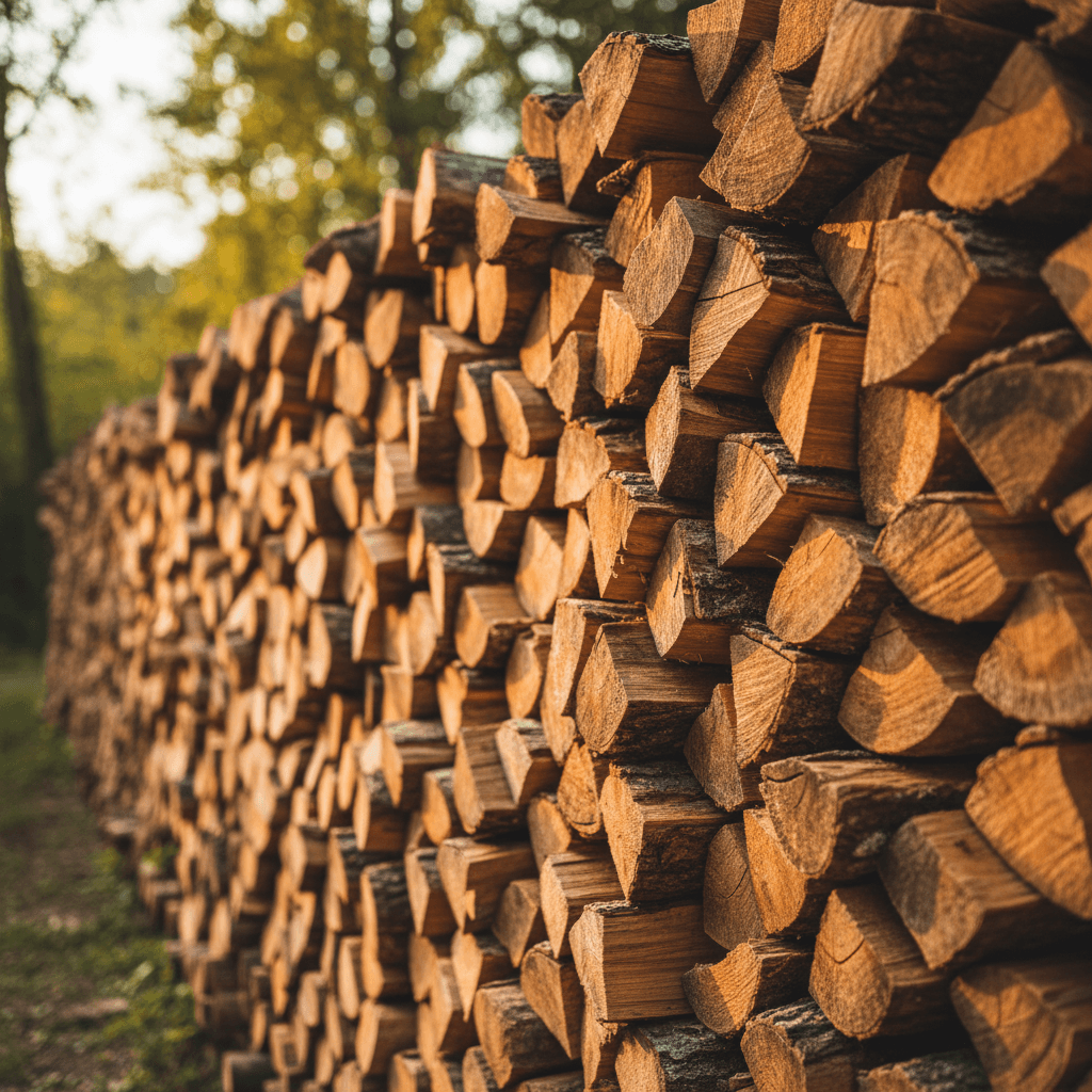 Stacked firewood ready at lakeside property