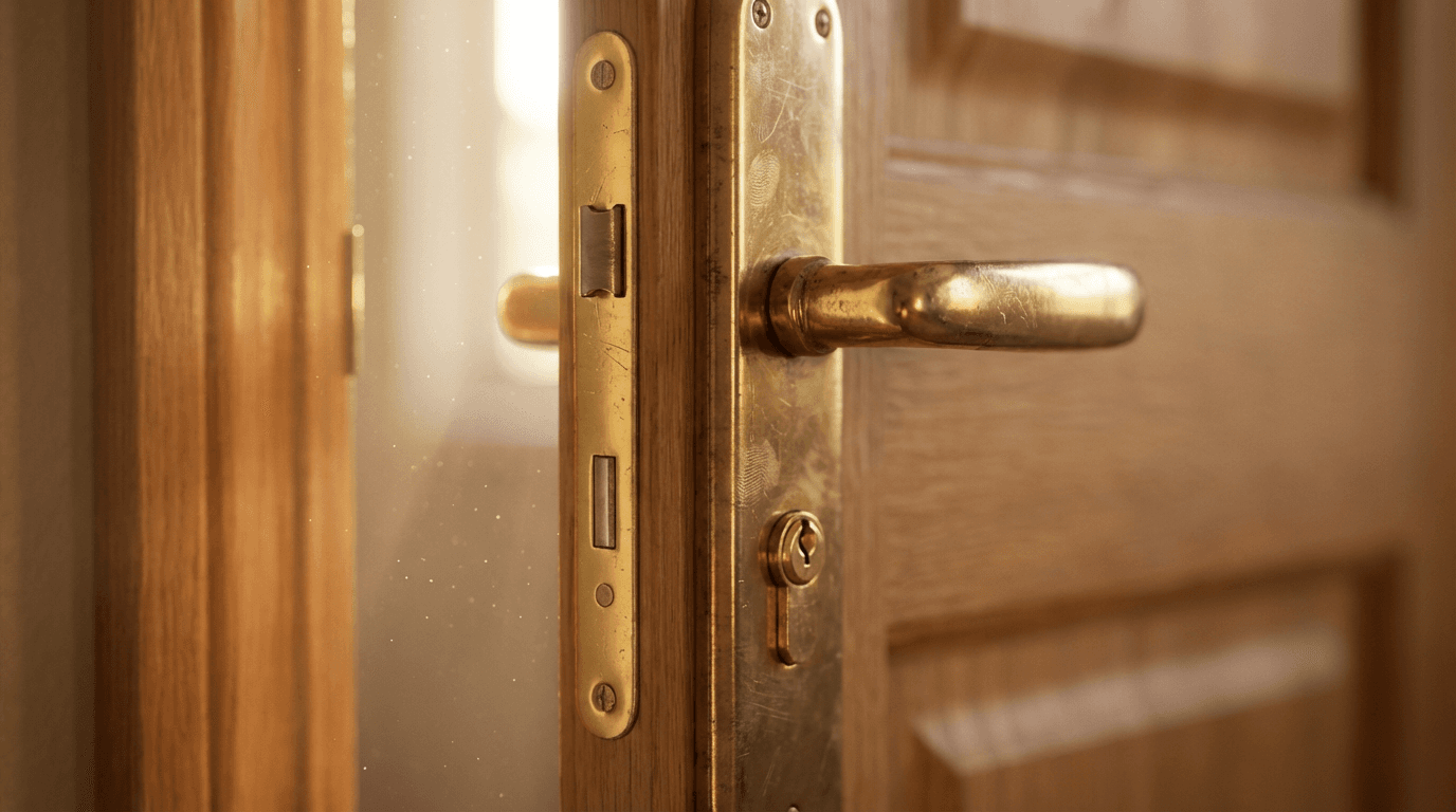 Open door of lake house with hand on handle in work glove