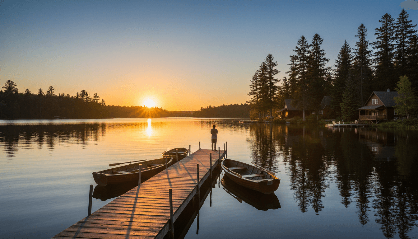 Peaceful lakefront property with a dock and covered boat on Lake Cumberland at golden hour